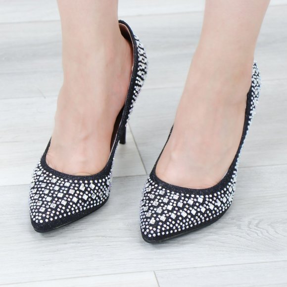 Sparkly Diamond Rhinestone Glitter  Black Pointy Toe Needle High Heel Stiletto - Picture 14 of 15